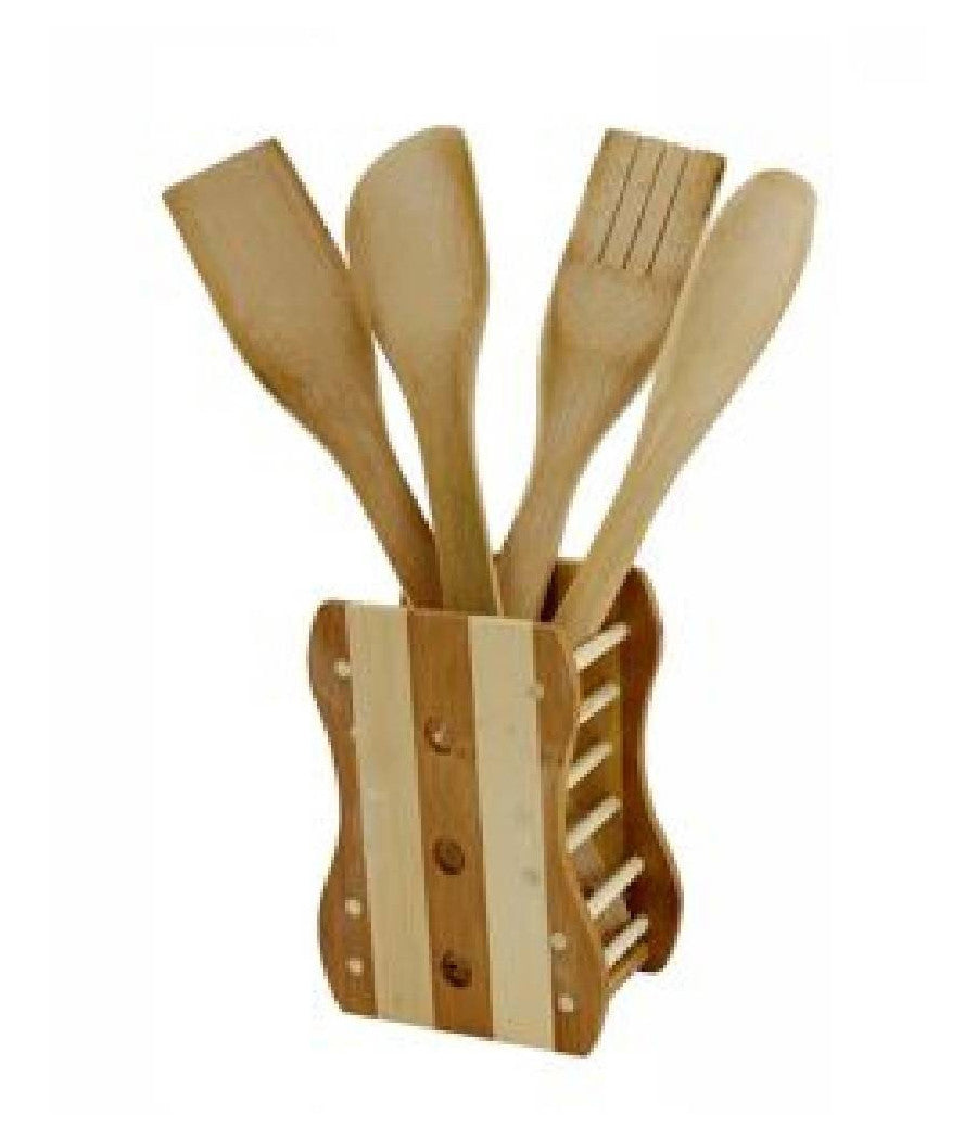 Kit 5 Pz Cucina Porta Mestolo Mestoli In Legno Bambà¹ Con 4 Mestoli Posate 67375         