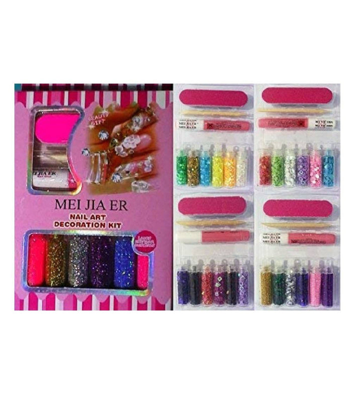 Kit 6pz Decorazioni Unghie+lima+colla+spingicuticole Glitter Polverina Strass Nail Art         