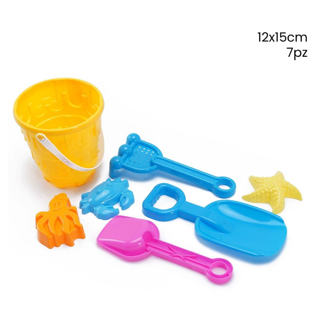 Trade Shop - Kit 7pz Secchiello Con Palette Formine Rastrello Mare Giochi Per Bambini 12x15cm 258305 -