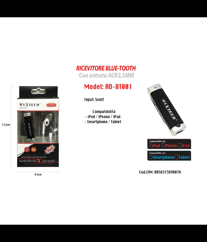Kit Auricolari Con Jack 3,5mm Adattatore Bluetooth Smartphone Maxtech Ad-bt001         
