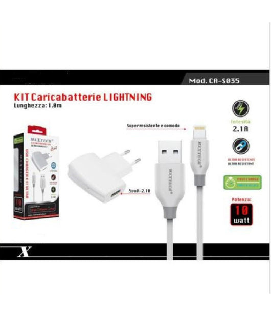 Kit Caricabatterie + Cavo Usb Connettore Lightning 10w 2.1a 1mt Maxtech Ca-s035         
