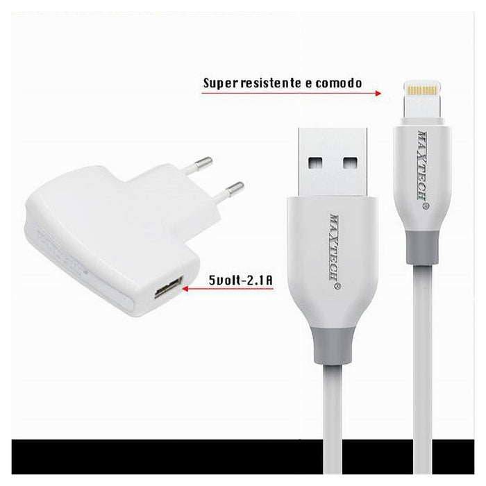 Kit Caricabatterie + Cavo Usb Connettore Lightning 10w 2.1a 1mt Maxtech Ca-s035         