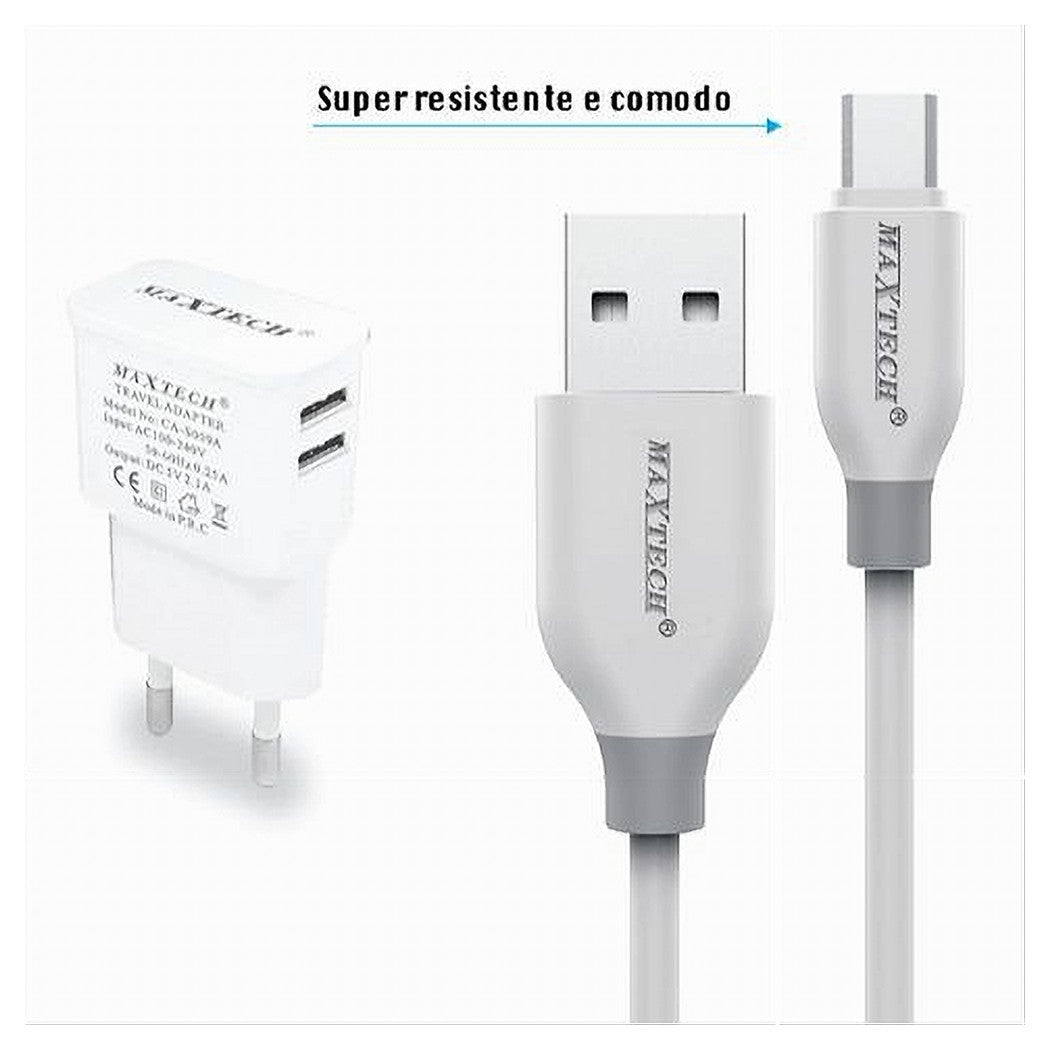 Kit Caricabatterie Da Muro 2 Porte Usb 2.1a + Cavo Micro Usb 1mt Maxtech Ca-s039         