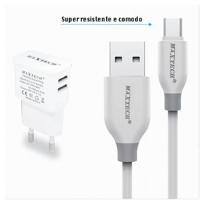 Kit Caricabatterie Da Muro 2 Porte Usb 2.1a + Cavo Micro Usb 1mt Maxtech Ca-s039         