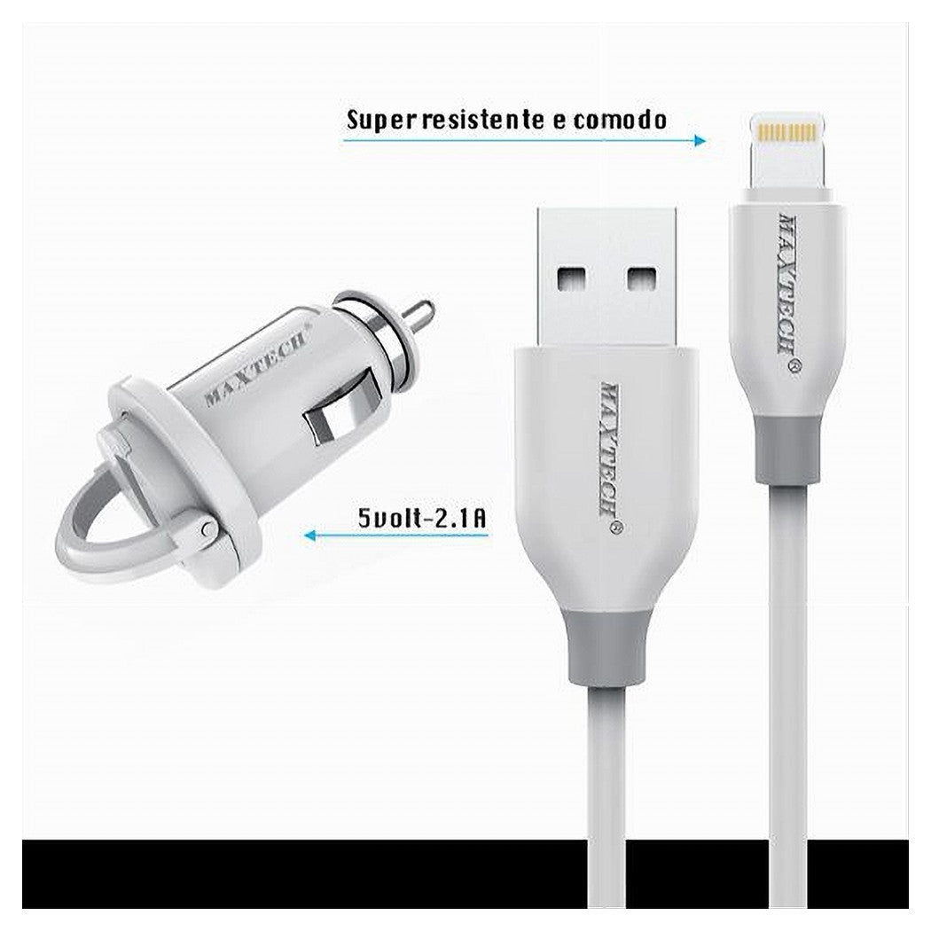 Kit Caricabatterie Lightning 1mt Ricarica Auto Cavo Dati 10 Watt Maxtech Ma-ip03         