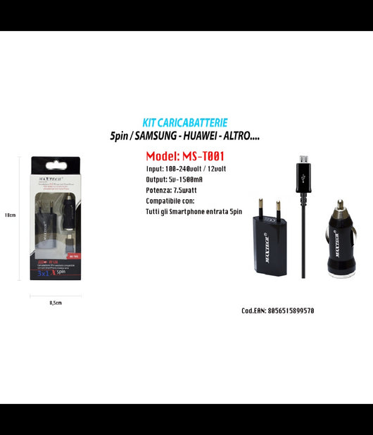 Kit Caricabatterie Per Samsung Galaxy Universale Casa Auto Cavo Micro Maxtech Ms-t001         