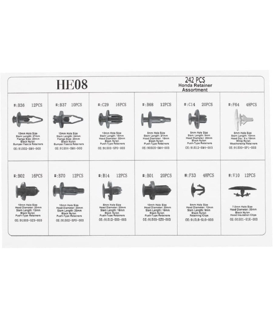Kit Clip Per Paraurti Auto 240 Pz 12 Dimensioni Assortiti Fissaggio Per Rivetti         