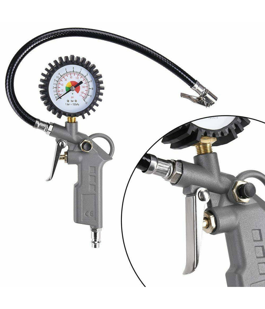 Kit Compressore Doppia Pistola Soffiaggio Aria Compressa Tubo 5mt Manometro 3pz         