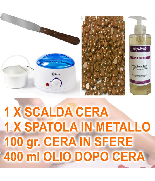 Kit Depilazione Brasiliana Scalda Cera Spatola Olio Sfere Perle Ceretta Indolore         