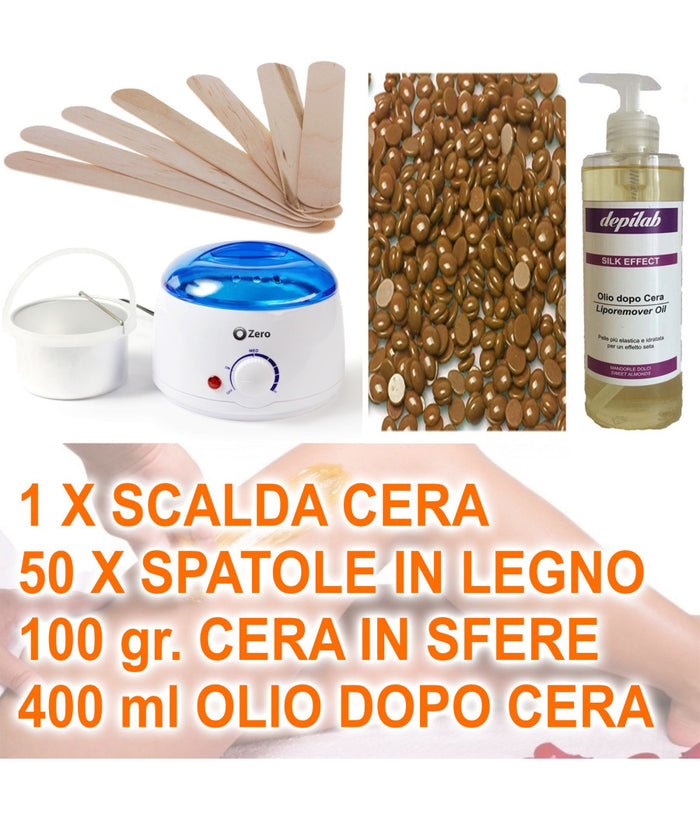 Kit Depilazione Ceretta Brasiliana Con Scaldacera Spatola In Legno Olio Sfere         