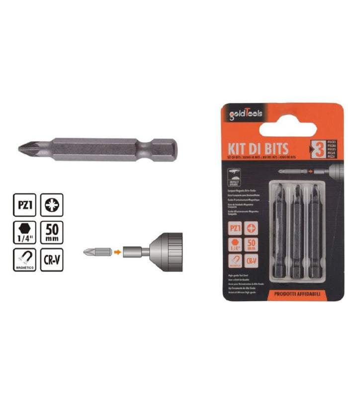 Kit Di Bits 3 Pz Bit Inserti Per Avvitatore 50mm Gambo 1/4" Magnetico Cr-v 91935         