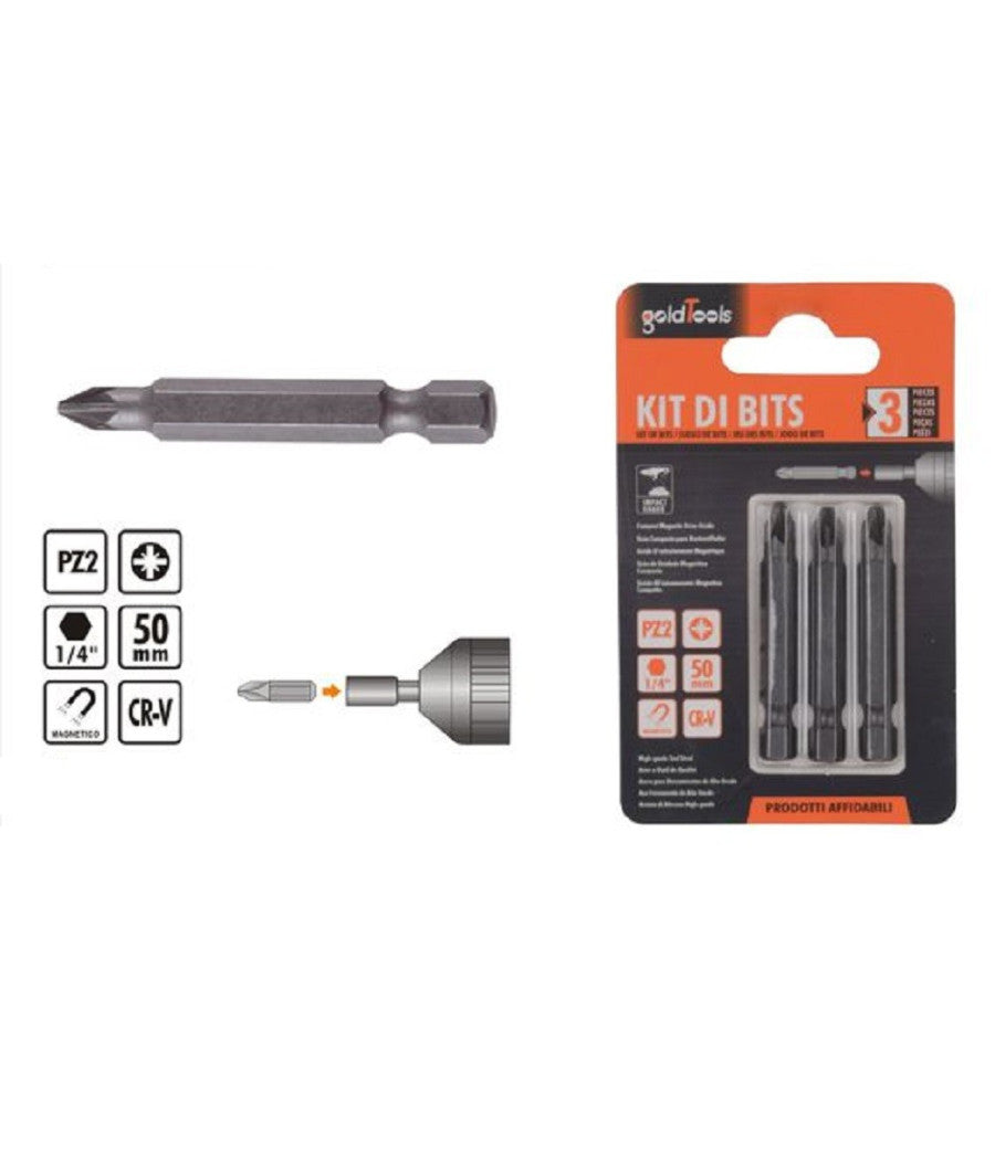 Kit Di Bits 3pz Bit Inserti 50 Mm Per Avvitatore Gambo 1/4" Magnetico Cr-v 91936         