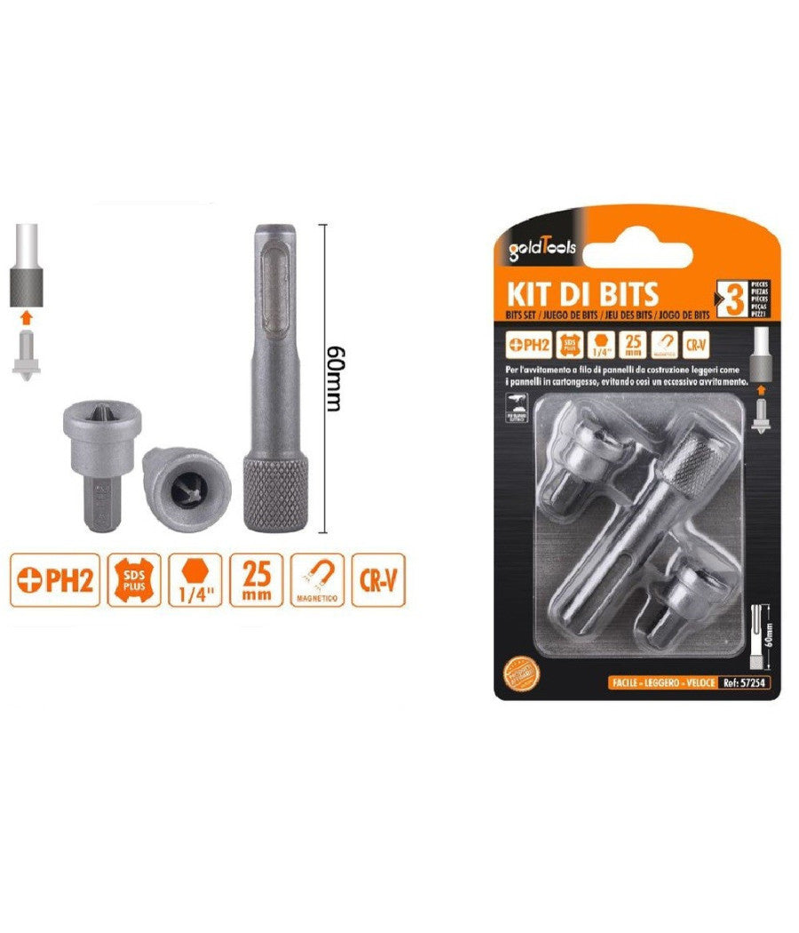 Kit Di Bits Inserti Per Avvitatore 2pz Da 25mm Ph2 + 1pz Da 60mm Magnetico 57254         