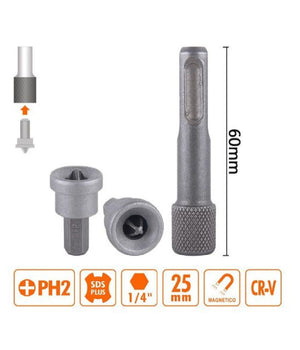 Kit Di Bits Inserti Per Avvitatore 2pz Da 25mm Ph2 + 1pz Da 60mm Magnetico 57254         
