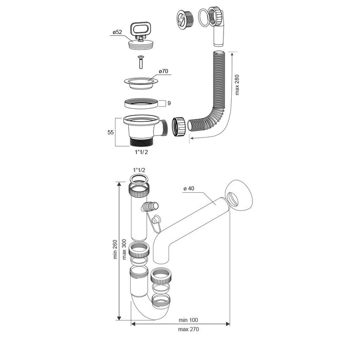 Kit di scarico in plastica per lavatoio con sifone e piletta con troppopieno