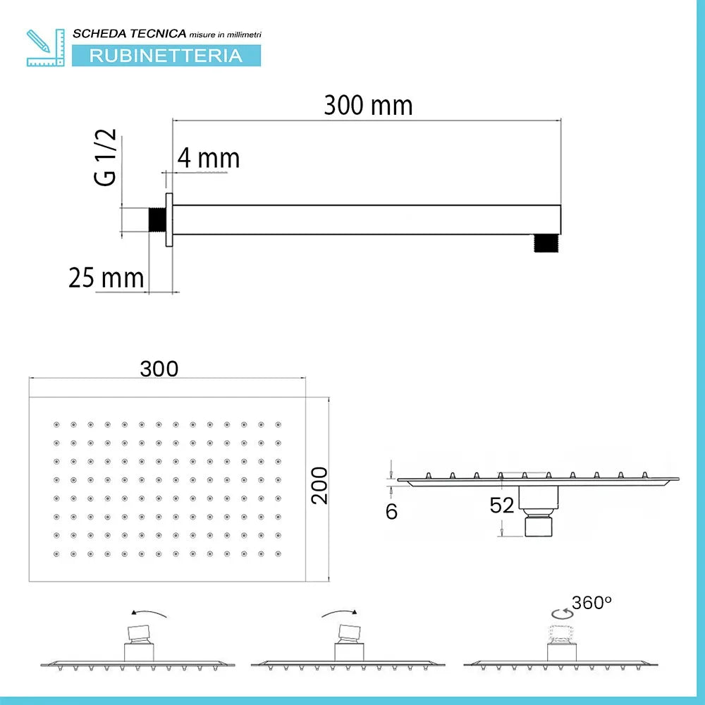 Kit doccia braccio 30 cm e soffione rettangolare 30x20 cm nero opaco