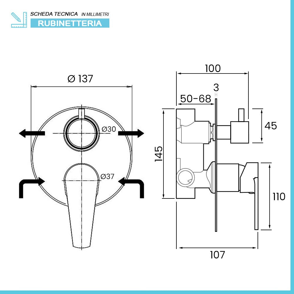 Kit doccia incasso cromato completo di soffione 20 cm inox e kit doccetta Recta