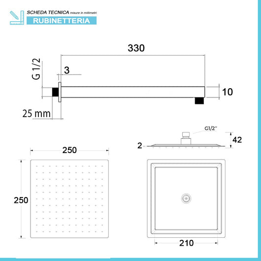 Kit doccia nero opaco completo di soffione quadrato 25x25 cm e miscelatore