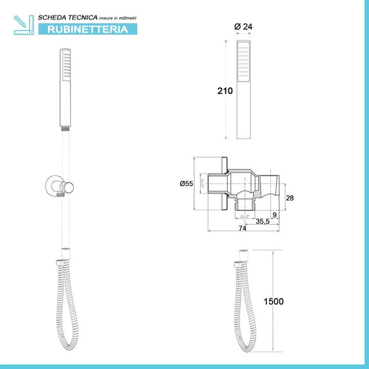 Kit doccia nero opaco in ABS con doccino tondo presa acqua e flessibile