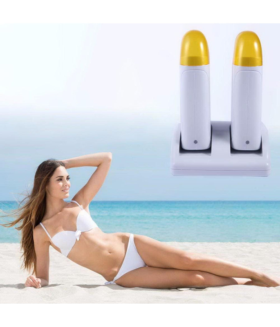 Kit Doppio Scaldacera Rullo + Ricarica Base Per Strisce Depilatorie Cera Ceretta         