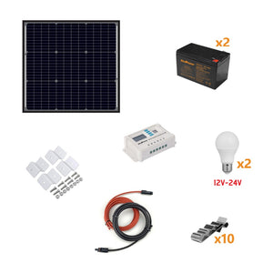Kit Fotovoltaico a Isola 50W - Kit con pannello solare, regolatore di carica, lampadine e accessori per l'installazione