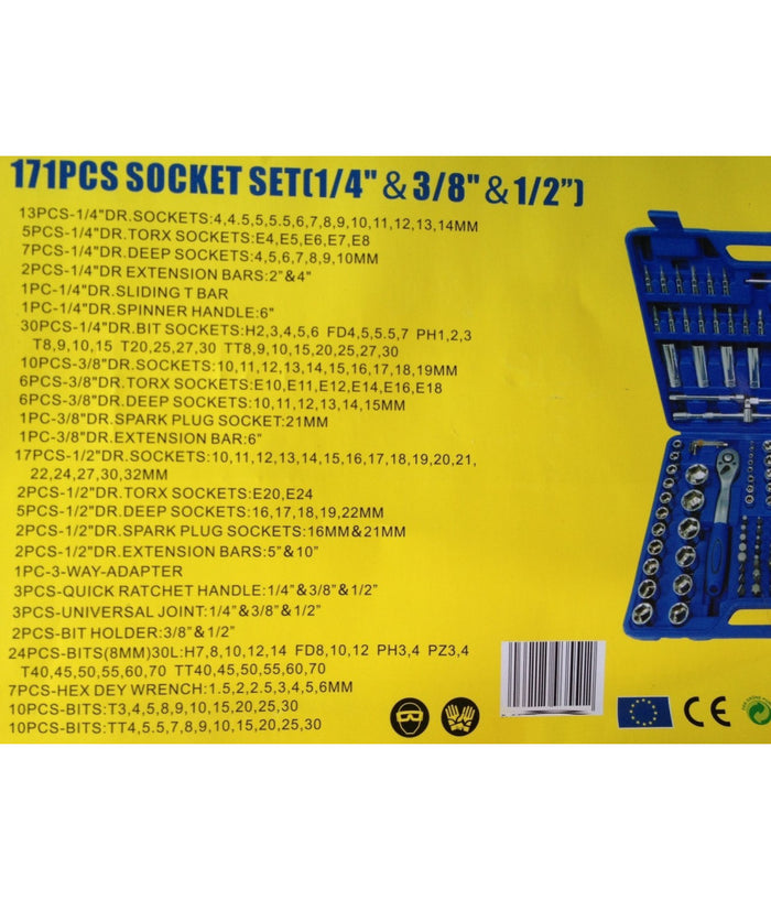 Kit Inserti + Bussole Boccole Impronta Torx Esagonale Con 3 Cricchetti 171 Pz         