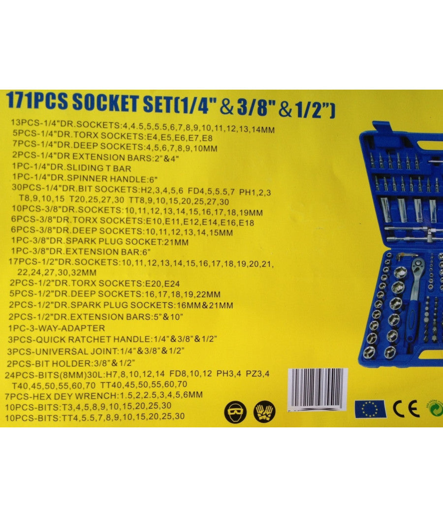Kit Inserti + Bussole Boccole Impronta Torx Esagonale Con 3 Cricchetti 171 Pz         