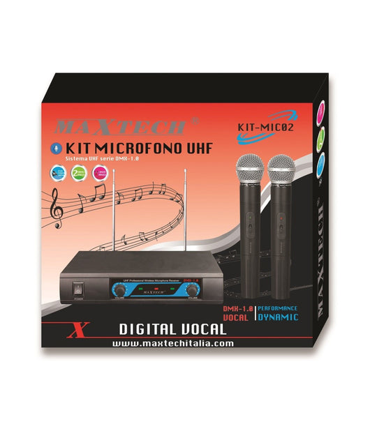 Kit Microfoni Wireless Ricevitore Uhf Radiomicrofoni 2 Canali Karaoke Maxtech Kit-mic02         