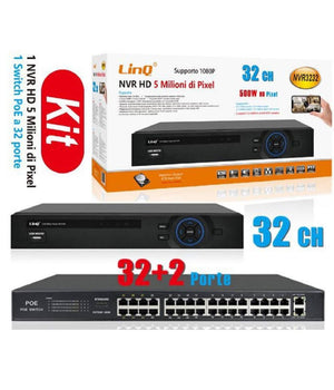 Kit Nvr Hd 32 Canali + Switch Poe 32 Porte 1080p 500w 5 Milioni Di Pixel Nvr3232         