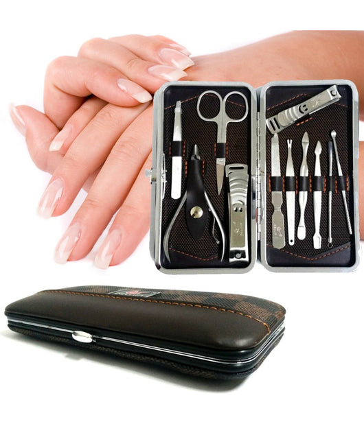 Kit Professionale Manicure Pedicure Sopracciglia 11 Pezzi In Custodia Ecopelle         