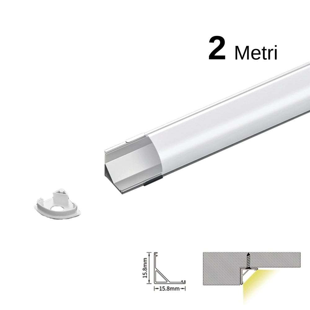 Kit profilo angolare in Alluminio per LED da 2m, 2000x15.8x15.8mm