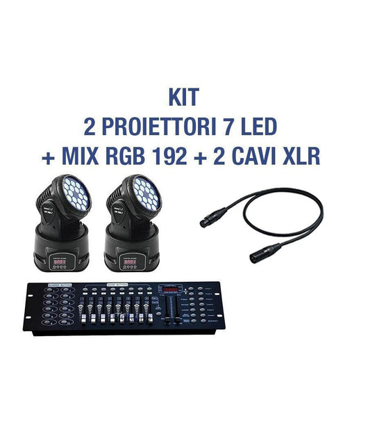 Kit Proiettore Led Rgb Testa Mobile Rotante 7 Led Dmx + Mixer Dmx Rgb 192       -2 Pezzi -