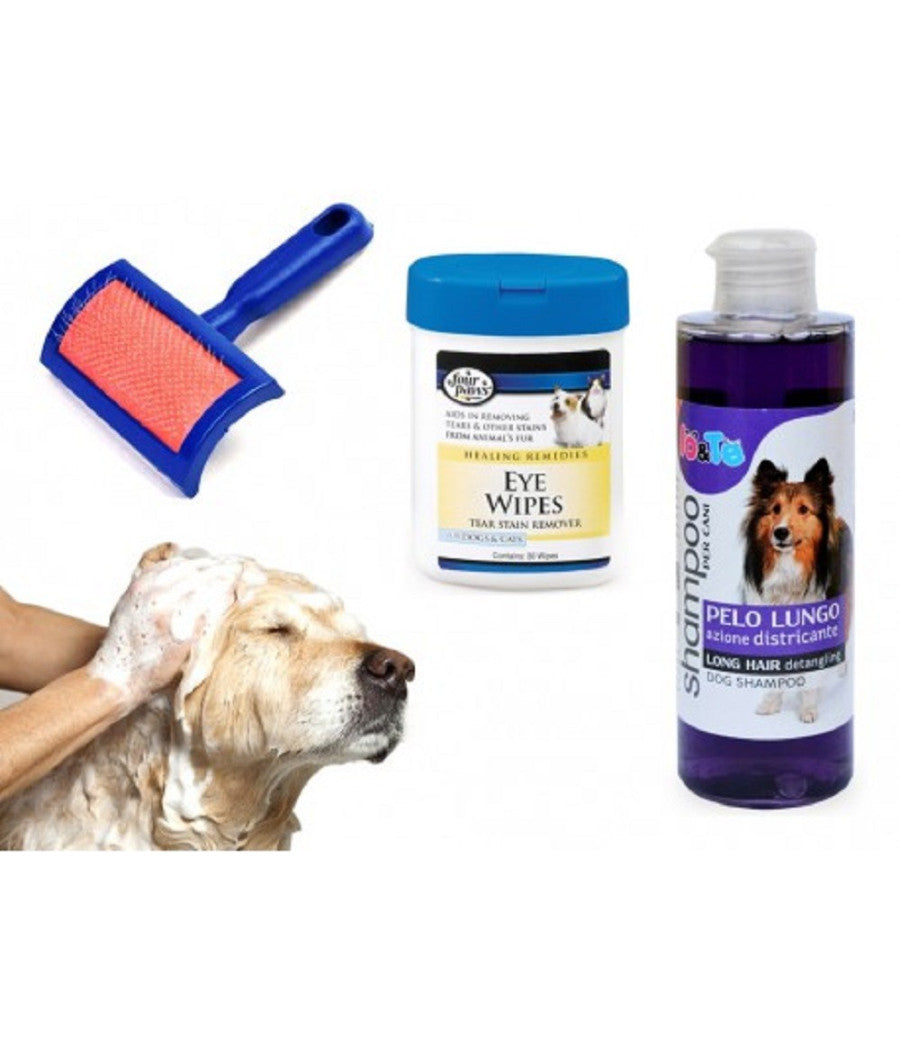 Kit Pulizia Cani Shampoo Azione Districante Salviettine Spazzola Cardatore Pelo Lungo         