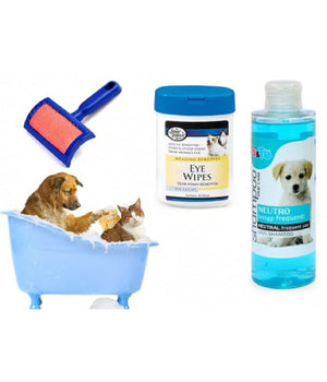 Kit Pulizia Cani Shampoo Neutro Salviettine Spazzola Cardatore Lavaggi Frequenti         