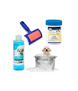 Kit Pulizia Cani Shampoo Neutro Salviettine Spazzola Cardatore Lavaggi Frequenti         