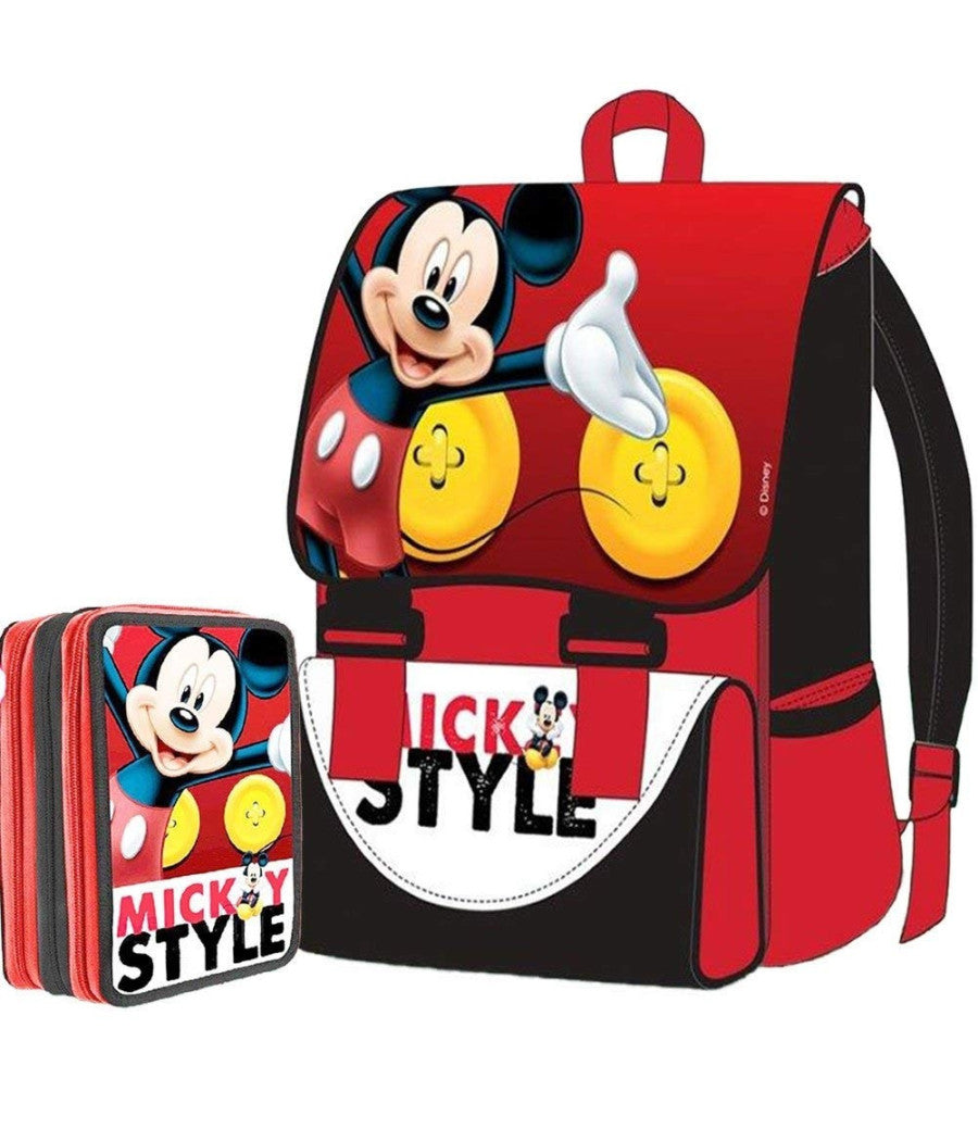 Kit Scuola School Pack Zaino Estensibile + Astuccio 3 Zip Disney Mickey Mouse         