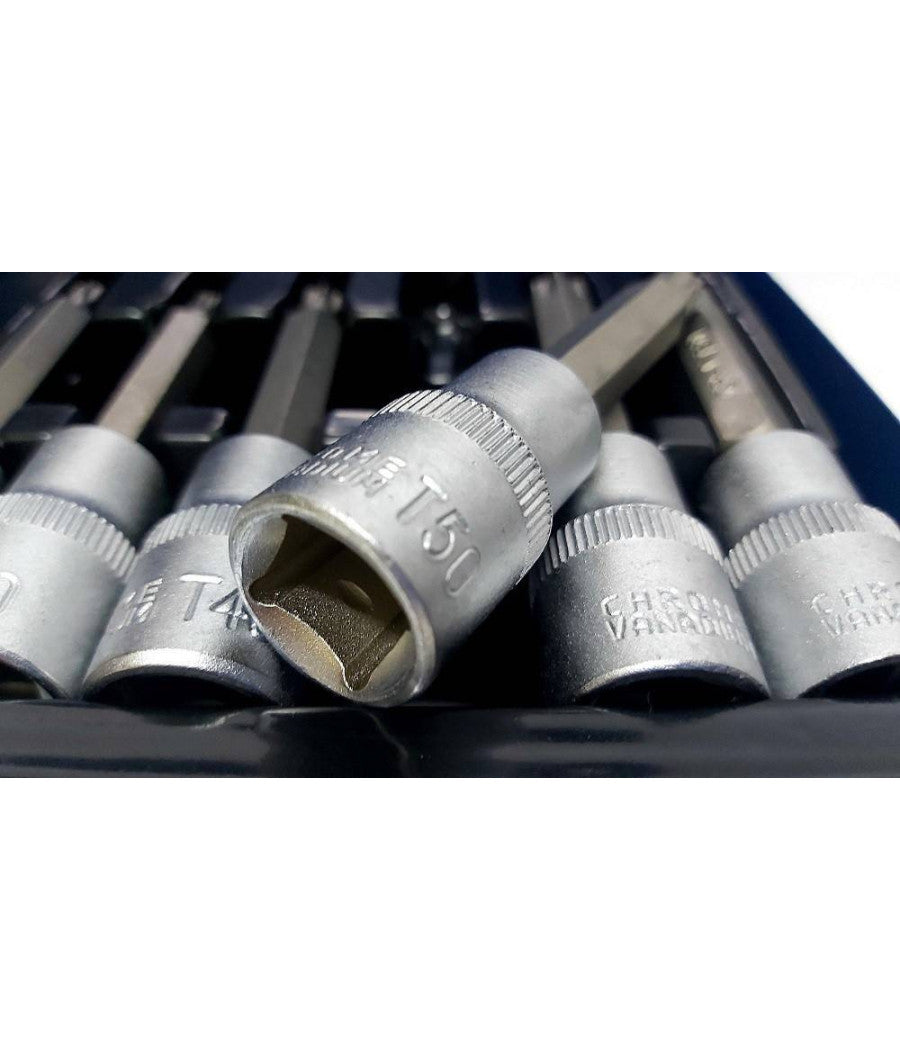 Kit Set Inserti Chiavi 19 Pezzi Bussole Chiavi Torx Maschi 1/4" 1/2" In Valigia         