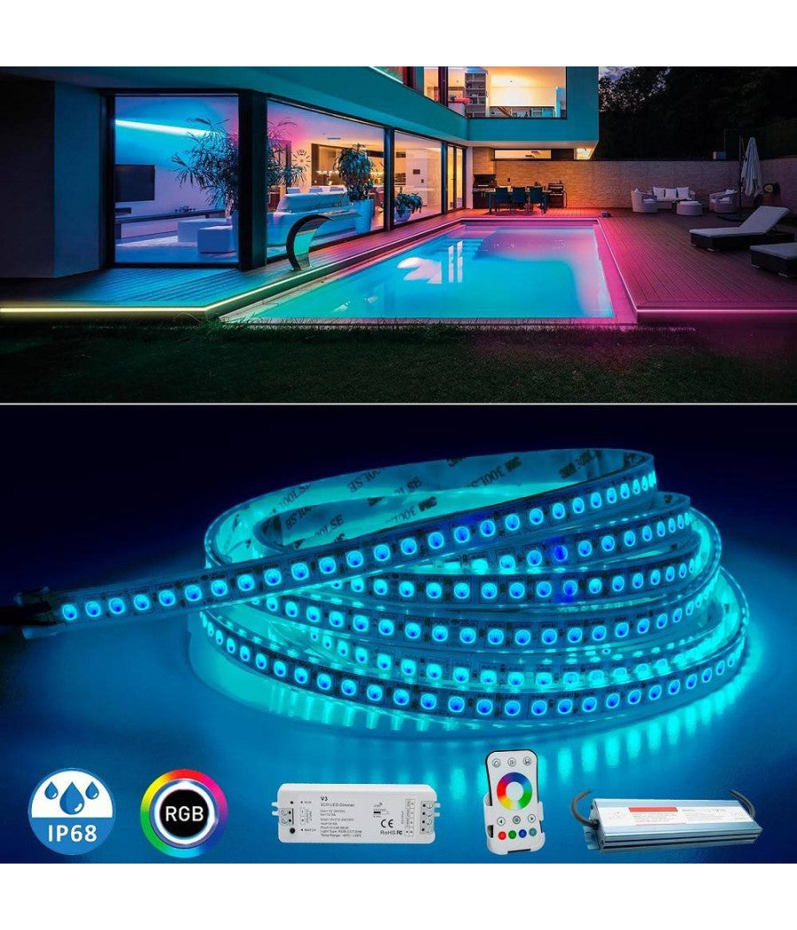 Kit Striscia 600led 75w Rgb Ip68 Esterni Dimmerabile 24v Centralina Alimentatore         