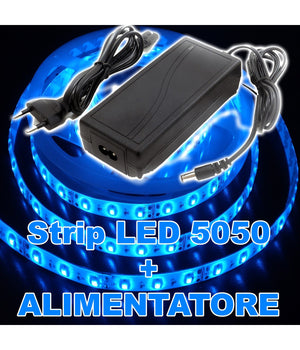 Kit Striscia Led 5050 Flessibile 5m Adesiva Con Alimentatore 3a Blue Blu Ip65         