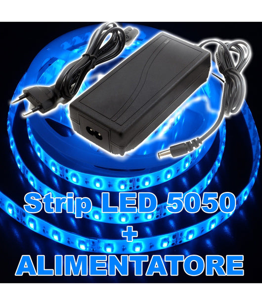 Kit Striscia Led 5050 Flessibile 5m Adesiva Con Alimentatore 3a Blue Blu Ip65         