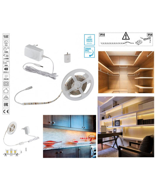Kit Striscia Led Con Tasto Interruttore Touch Dimmer Bianco Freddo 6500k 7,5 W         