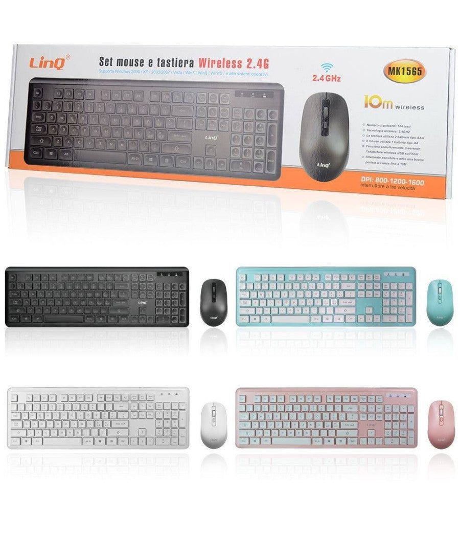 Kit Tastiera Mouse Wireless 2.4ghz 10mt Senza Fili 800-1600 Dpi 104 Tasti Mk1565         
