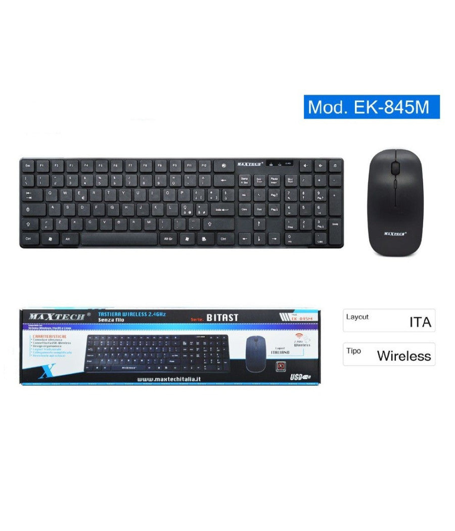 Kit Tastiera Wireless Mouse Impermeabile 2.4ghz Per Pc Layout Italiano Ek-845m         