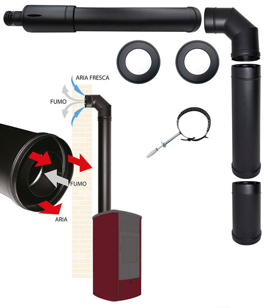 kit tubi canna fumaria stufa pellet con uscita coassiale superiore dn 80 125  scarico fumi aspirazione aria made in Italy