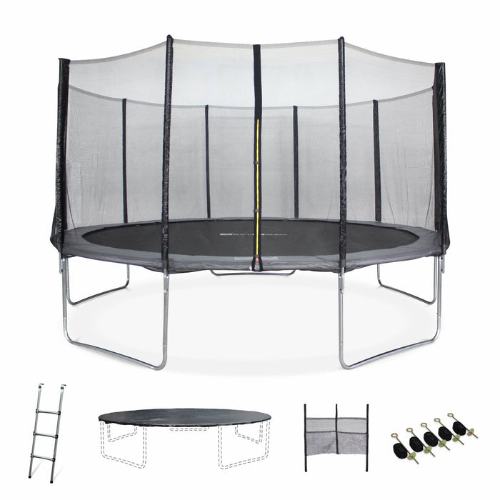 Trampoline ø460cm - neptune xxl gris et filet, échelle, bâche, filet