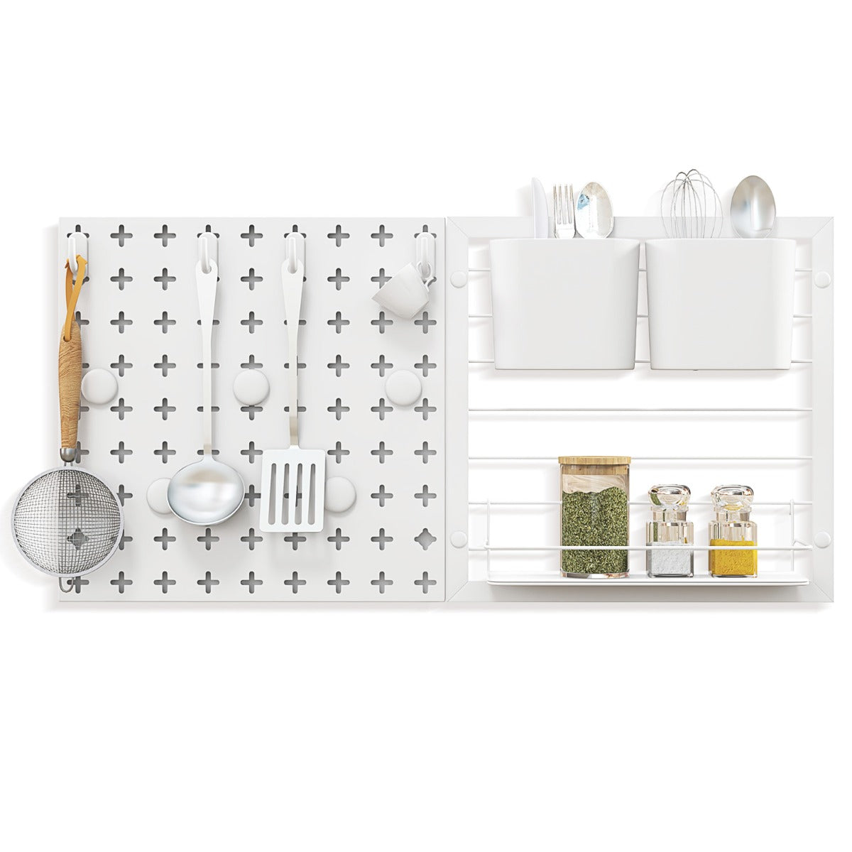 Kit combinato di pannelli forati con mensola portaoggetti contenitori magneti e ganci, Kit 2 pannelli portaoggetti-Organizzazione della cucina