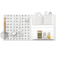Kit combinato di pannelli forati con mensola portaoggetti contenitori magneti e ganci, Kit 2 pannelli portaoggetti-Organizzazione della cucina