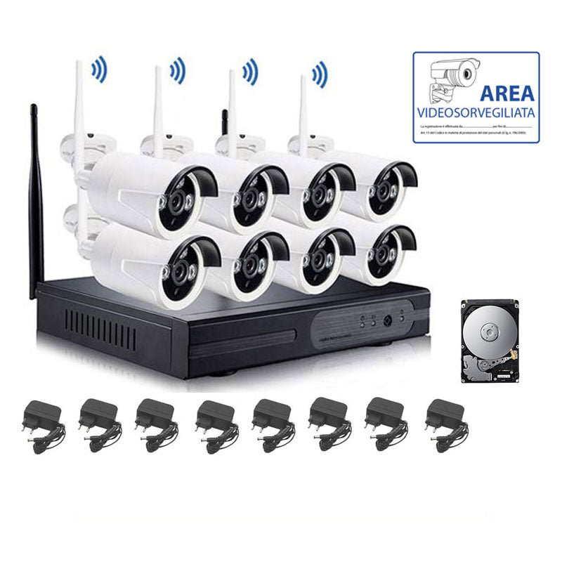 KIT VIDEOSORVEGLIANZA WIRELESS FULL WIFI HD IP 8 TELECAMERE NVR LAN REMOTO 3G 1 TB