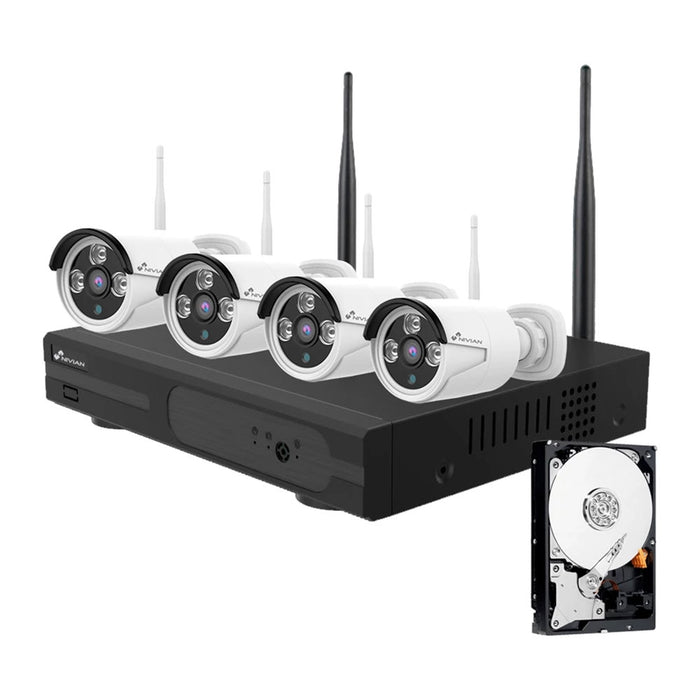 KIT VIDEOSORVEGLIANZA WIRELESS FULL HD IP 4 TELECAMERE 3 MPX WIFI HD 500 GB