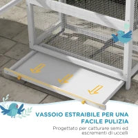 Voliera per Uccellini a 3 Porte con Casetta e Vassoio, in Legno e Metallo, 92x52x171 cm, Grigia e Nera